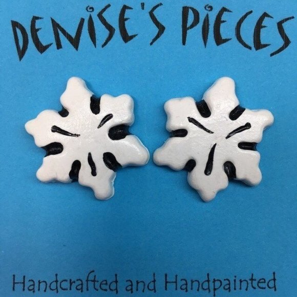 Christmas Earrings Plaster Handcrafted White Black Snowflake Winter - Picture 1 of 2